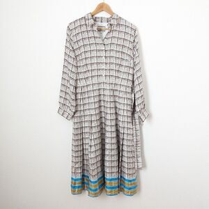NWT J. Crew Collection ivory brown blue plaid printed silk pleated shirt dress